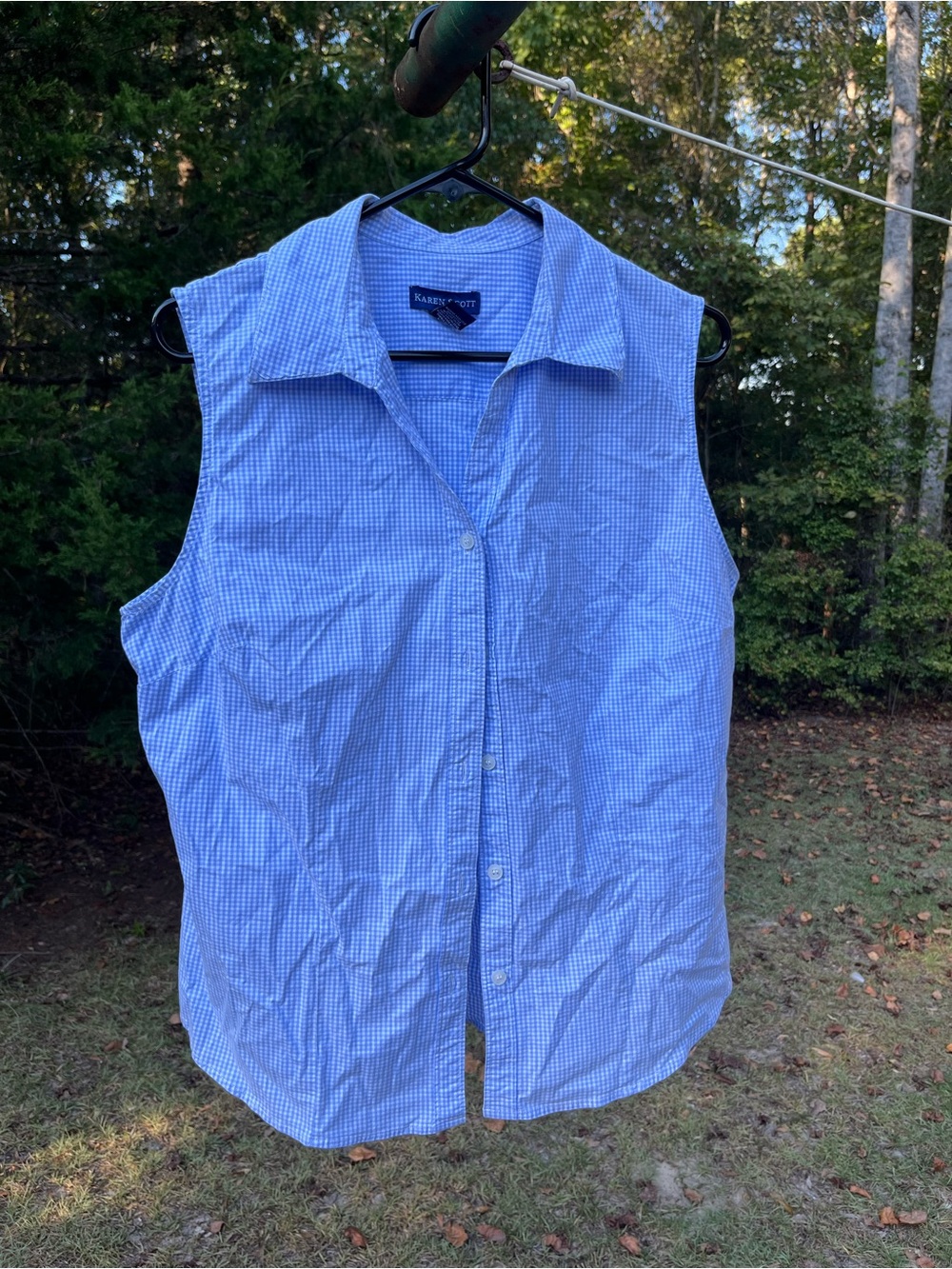 Karen Scott Light Blue Gingham Sleeveless Shirt